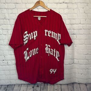 SUPREME Love Hate Red Baseball Jersey size L Large 100% Cotton Button up 2019